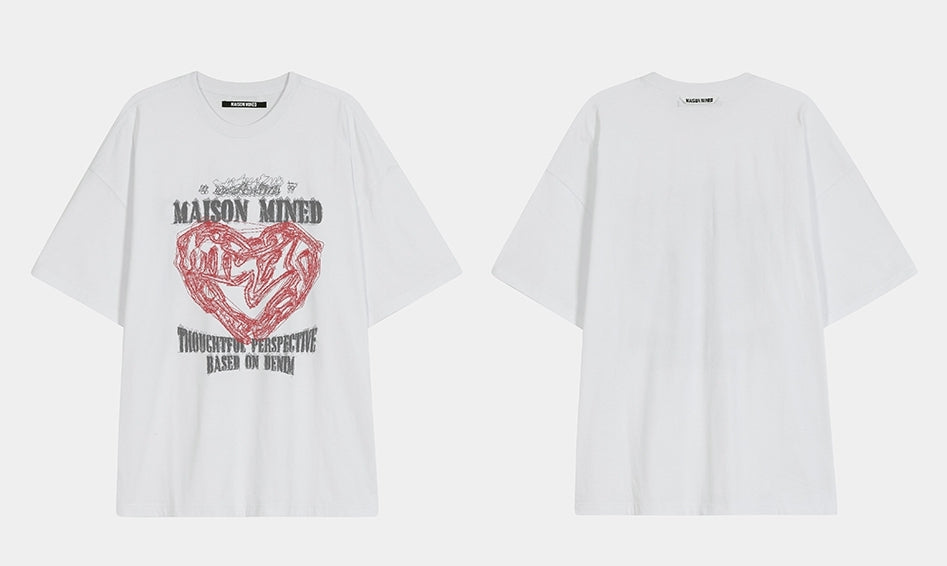 シャツ DOODLE HEART HALF T WHITE SKY MAISON MINED(メゾンミネド) - ドゥードルハート半袖Tシャツ
