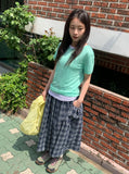Lurun Check Shirring Cargo Banding Midi Skirt