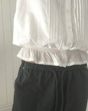 Punning Smoke Banding Pintuck Lace Short Sleeve Blouse