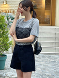 Churing Lace Bustier Lettering Short Sleeve Knit