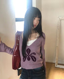 Romit Flower V-Neck Crop Long-Sleeve Knit