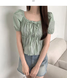 Summer Ribbon Puff Balloon Short Sleeve Flare Blouse