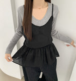 Layered Frill See-through Ribbon A-line Strap Sleeveless