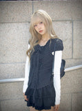 Lotte Dot Frill Ribbon Slim Short Sleeve Blouse