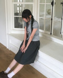Pique Check V-Neck Shirring Puff Short Sleeve Blouse