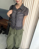 Noel Seersucker V-Neck Check Short-Sleeve Shirt