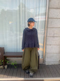 Cordent Check Round Collar Frill Long Sleeve Blouse