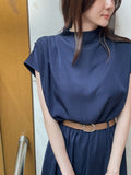 Odd Half-Neck Draped Banding Flare One Piece (Belt Set)