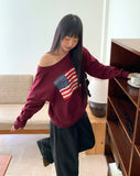 Murhit American Flag Printing One-Off Shoulder Long Sleeve Sweatshirt