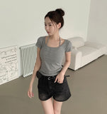 Slim Fit Cup Halter Strap Fake Layered Shirring Short Sleeve T-shirt