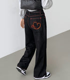 Raw Unique Red Stitch Heart Point Embroidery Wide Denim Pants