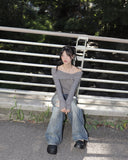 Vision Belt Buckle Shirring Ribbed Off-Shoulder T-Shirt