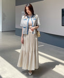 [Two-piece Set] Soche Ribbed Cap Knit Chiffon Skirt Set (Belt Set)