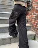 Bifu Embroidery Adjust Balloon Fit Wide Cotton Long Pants