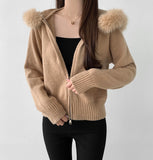 Two-Way Fur Hood Slim Fit Knit Zip-Up
