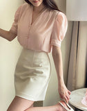 Shawang chiffon color matching shirring short sleeve blouse
