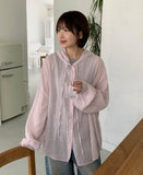 Binbuo Summer See-through Stripe Hood Shirt