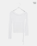 Yushi Stud Strap Unbalanced One Off Shoulder Long Sleeve T-Shirt