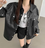 Tantan Chic Pocket Button Loose Fit Leather Jacket