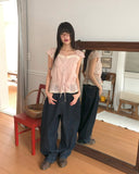 Kyohi Ribbon Pintuck Lace Short Sleeve Blouse