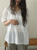 Munil Stripe V-Neck Half Button Blouse