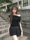 Zant Ribbon Knot Off-Shoulder Shirring T-Shirt