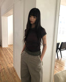 Poson Color Matching Shirring Short Sleeve T-shirt
