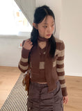 [Muffler set] Freena V-neck Angora Color Matching Stripe Crop Long Sleeve Knit