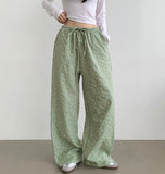 Fluffy Flower Embossed Banding Wide Pants