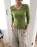 Neilon V-neck Side Shirring Three-Quarter T-shirt