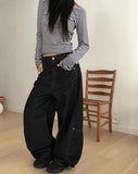 Kuman stitch cut button denim balloon fit long pants