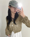 [MADE] Attil Vintage Punching Button Knit Hood Crop Long Sleeve Cardigan