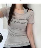 Layered Lettering See-through Short Sleeve T-shirt