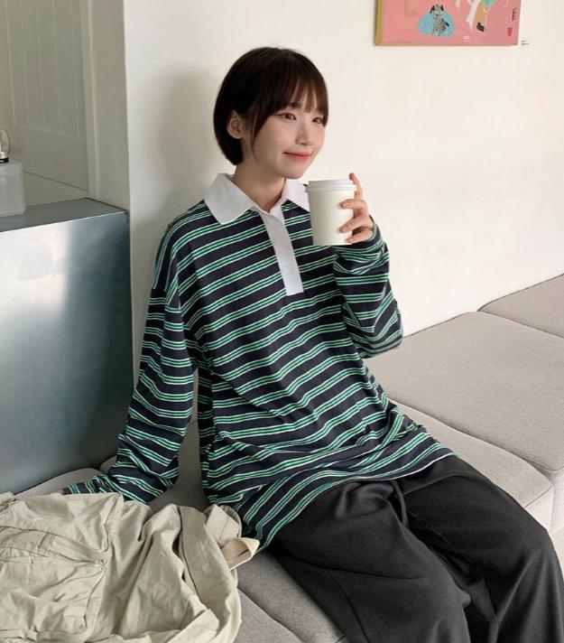 【BAON】Moruku Stripe Collar Over Long Sleeve Tee BAON (バオン) - モルクストライプカラーオーバー長袖Tシャツ