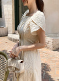 Ruckbell Square Neck Embroidered Tulip Pintuck Long One Piece