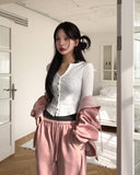 Mude V-Neck Slim Ribbed Knit Cardigan