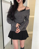 Div Long Slim Cable V-neck Knit