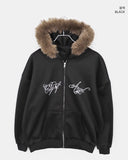 [Brushed Lining] Rahin printing over fur hood zip-up