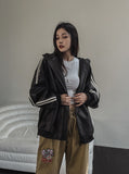Track shirring leather hooded jacket