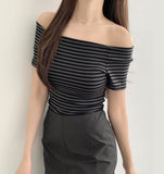 Stripe Span Off-shoulder Slim Fit Basic Length Short Sleeve T-shirt