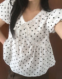 Newon Dot Lace Ribbon Short Sleeve Blouse
