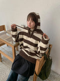 Kyuen Stripe Wool V-Neck Hood Knit