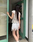 Daken Lace Tiered Ribbon Shirring Flare Mini Skirt
