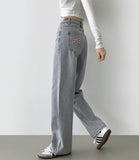 Pink Ribbon Embroidery Point Light Blue Wide Denim Pants