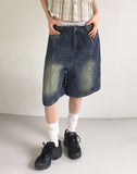 Dimon incision washing half-length denim Bermuda pants