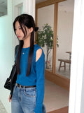 Cordill ribbed color matching shoulder slit cropped long sleeve knit