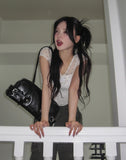 Blurry dot see-through hole short sleeve scarf set