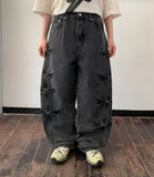 [unisex] Elisha Crack Washing Slit Wide Denim Pants