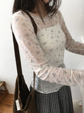 Zaina Tencel U-Neck See-through Flower Layered Long Sleeve Tee