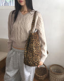 Beaded Leopard Leather Tech Big Cotton Shoulder Bag